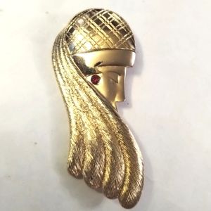 Vtg MJ Ent Deco Revival Gold Tone Stylish Flapper Lady Pin Brooch